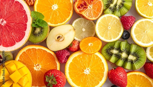 A vibrant arrangement of sliced and whole fruits on a white surface