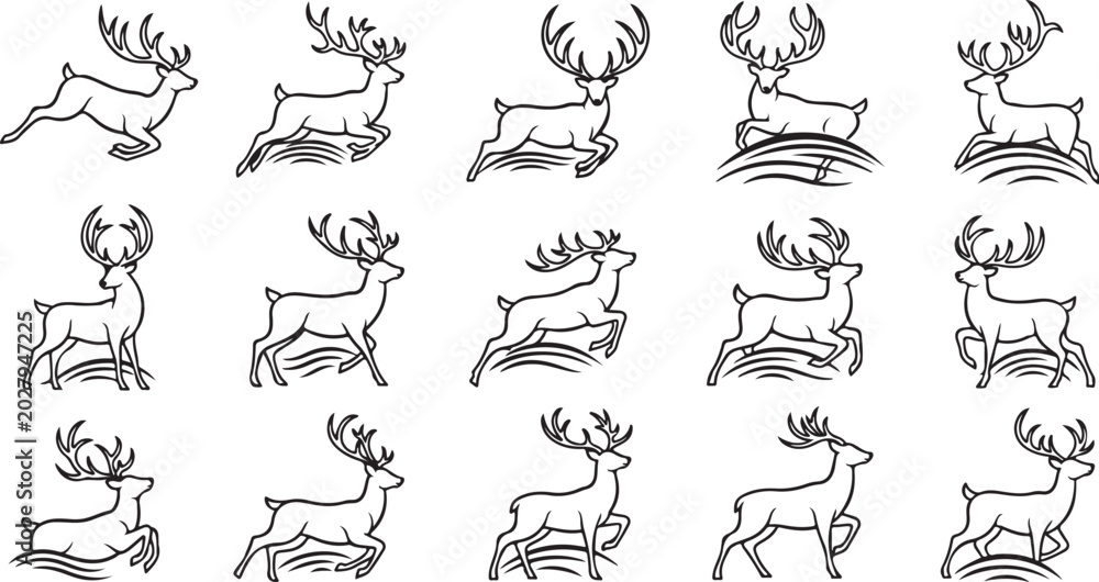 Fototapeta premium Reindeer in Various Running Positions Line Art