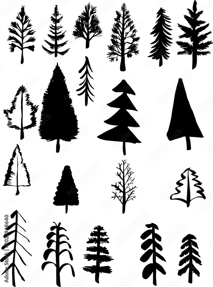 Fototapeta premium Hand drawn pine tree silhouettes icon collection