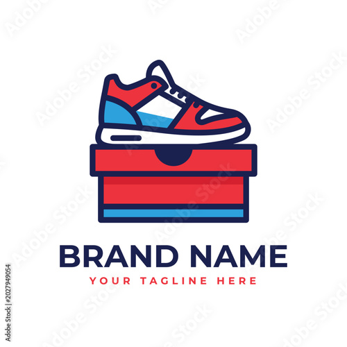 A clean, modern minimalist vector logo featuring a retro-style sneaker on a red shoebox. Ideal for a footwear brand, sneaker store, retail, or shipping service.