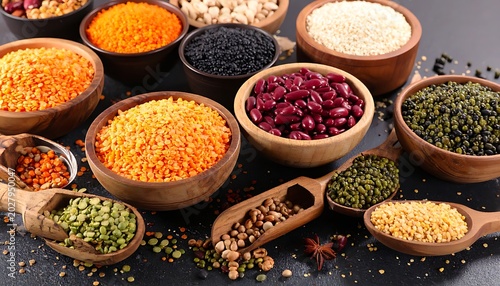A vibrant assortment of legumes and grains in wooden bowls