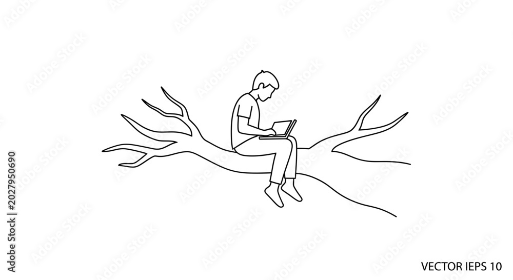 Fototapeta premium Person sitting on tree branch using laptop, remote work concept, nature workspace, minimalist line art