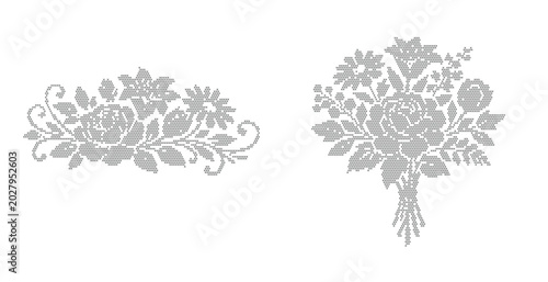 Schilderij op canvas Vintage floral bouquet silhouettes, elegant grey flower arrangements vector, dec
