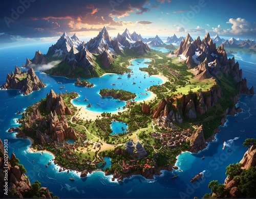 Lush Fantasy Island Surrounded by Turquoise Ocean and Rugged Mountains