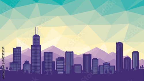 Modern abstract city skyline illustration featuring purple silhouette buildings against a geometric low poly gradient sky background for contemporary urban design
