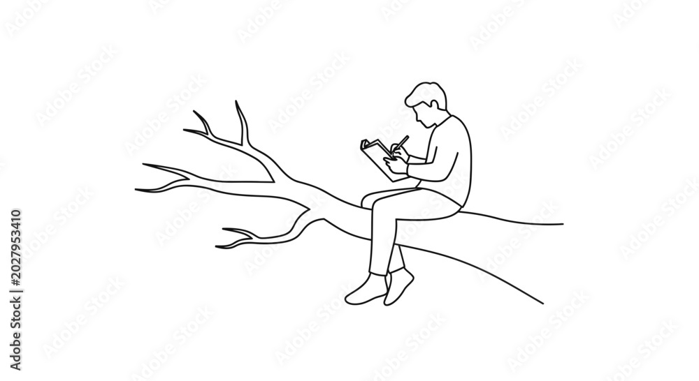 Fototapeta premium Man Sitting on Tree Branch Writing in Notebook, Creative Inspiration Concept