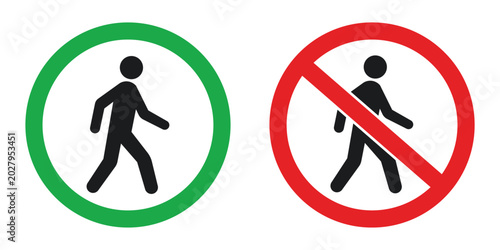 Fotografía Pedestrian walking allowed and forbidden signs with green and red circular frame
