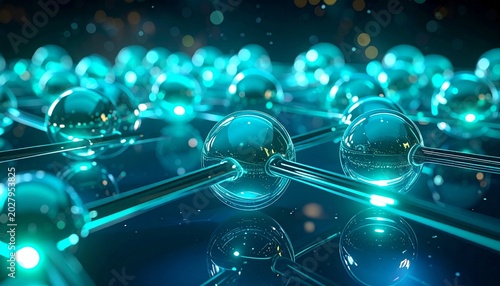 Cluster of glowing teal crystalline spheres connected by reflective bridges, symbolizing futuristic molecular or nanotechnology structure.
