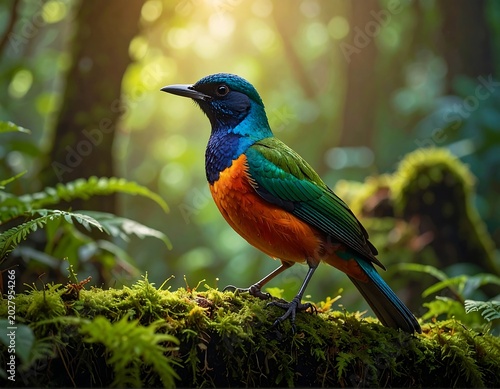 A vibrant bird perched on mossy log in sunlit forest