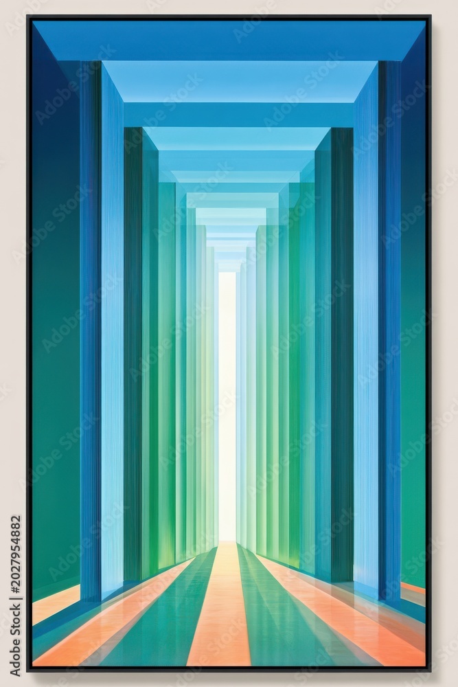 Fototapeta premium Abstract translucent corridor of blue and green columns with deep perspective and glowing light