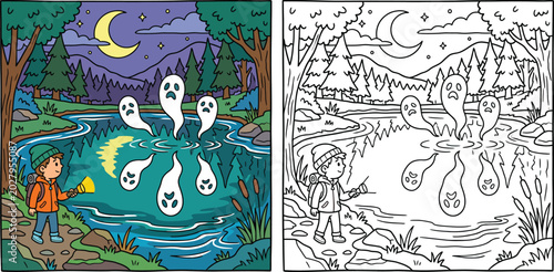 Tableau sur toile Spooky Night Scene with Boy Hiker and Ghosts in a Forest Lake Colored and Black