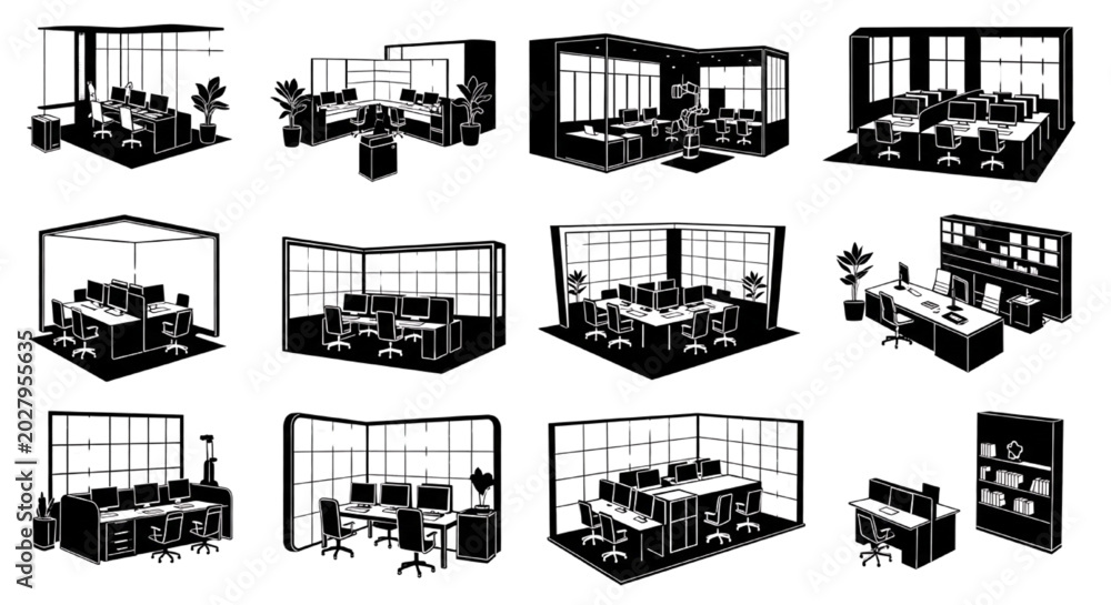 Naklejka premium Modern AI Office Workspace Silhouette Vector Collection with Smart Tech Cubicles and Corporate Interior Layouts