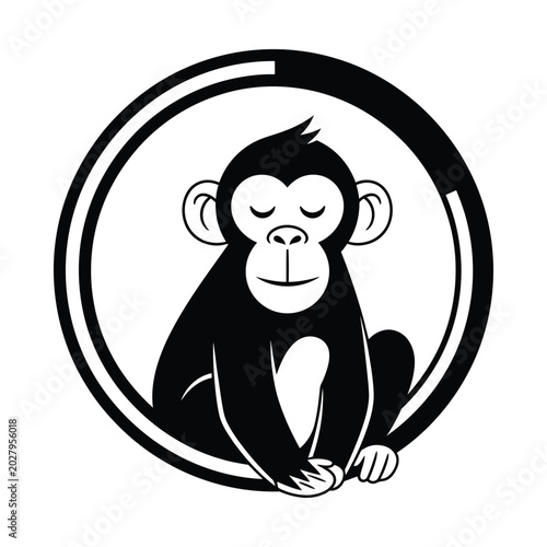 Canvas Print Minimalist monkey logo vector, black and white primate mascot, circular chimpanz