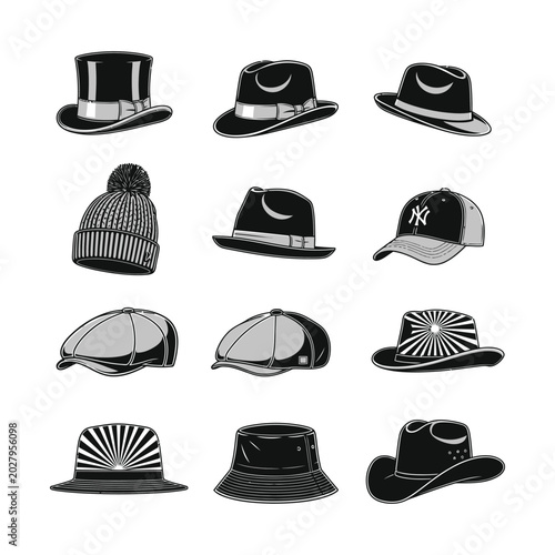 Photos Vintage headwear collection with 12 hat icons, classic gentleman fedora and top