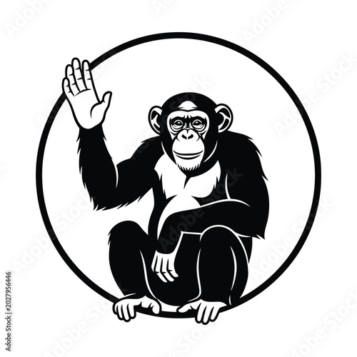 Canvas Print Chimpanzee mascot waving hand in circle frame, black and white monkey vector ill