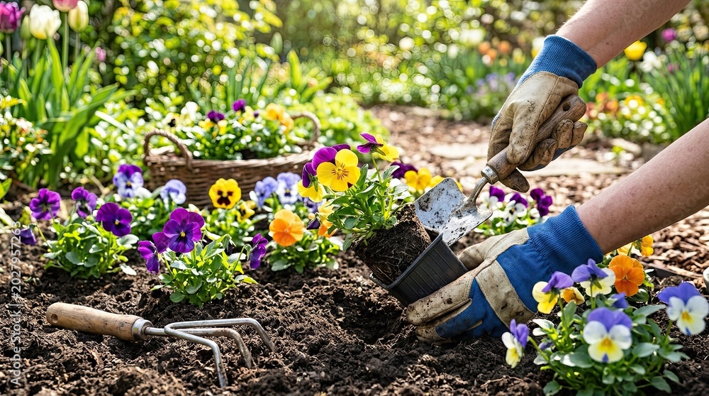 Fototapeta premium Gardener planting colorful pansies in a vibrant garden bed