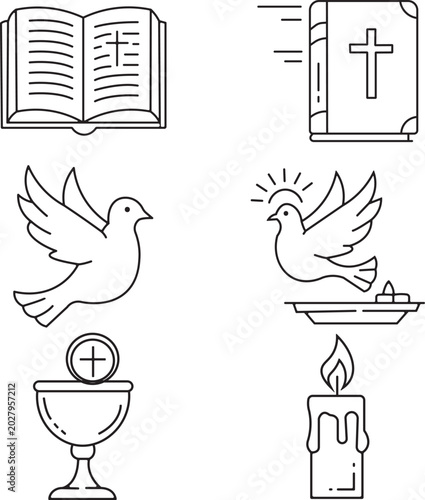 Christian symbols collection bible dove chalice candle and cross line art