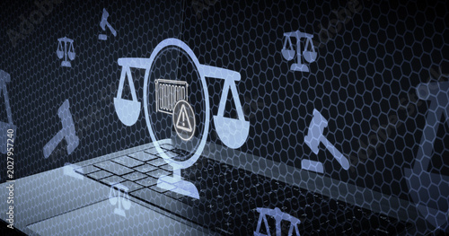 Schilderij op canvas Digital legal advisory and compliance concept featuring a glowing scale of justi