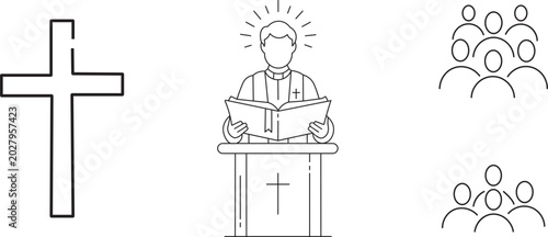 Christian icons set cross priest preaching and congregation line art illustrations