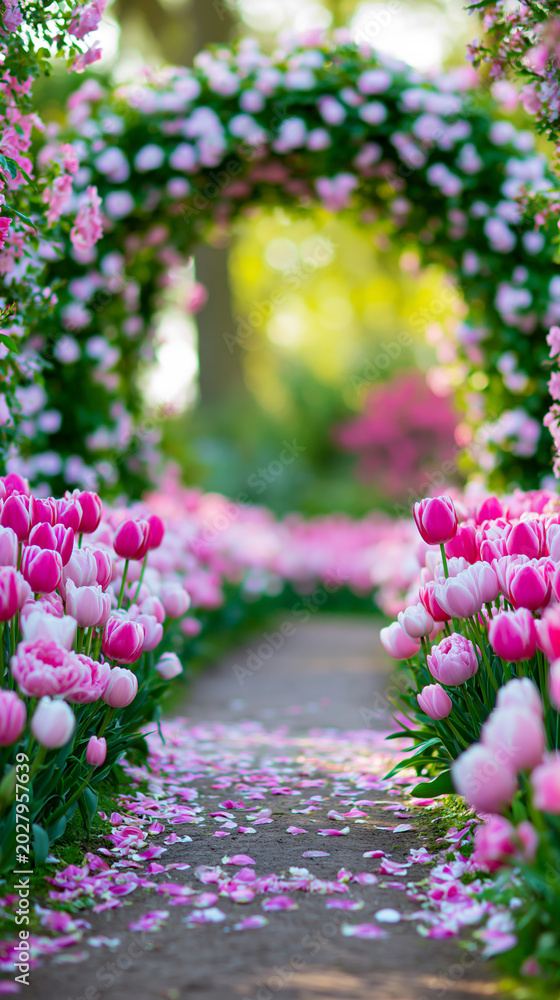 Fototapeta premium Enchanting floral garden pathway with pink tulips and blooming arch creating magical romantic spring scenery.