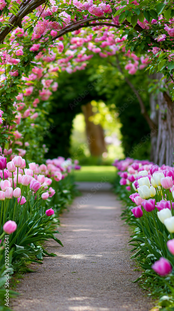 Fototapeta premium Enchanting floral garden pathway with pink tulips and blooming arch creating magical romantic spring scenery.
