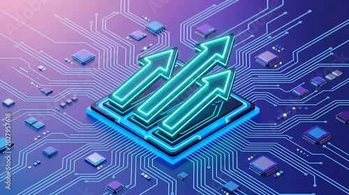 Glowing blue arrows on a circuit board with microchips and wires