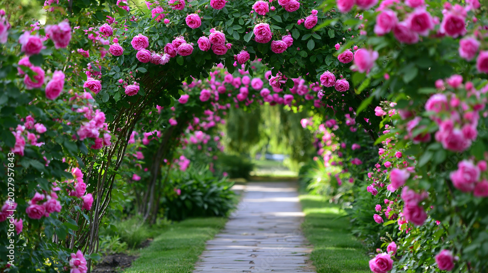 Fototapeta premium Romantic garden pathway beneath blooming pink rose arches creating enchanting floral landscape scenery.