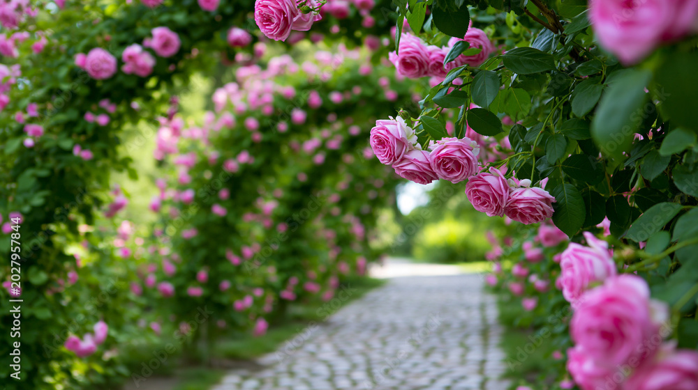 Fototapeta premium Romantic garden pathway beneath blooming pink rose arches creating enchanting floral landscape scenery.