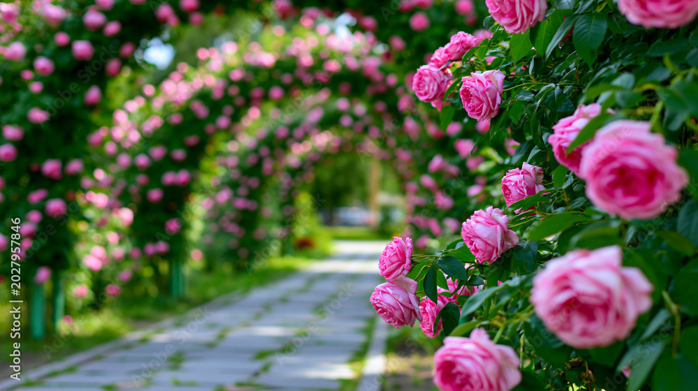 Fototapeta premium Romantic garden pathway beneath blooming pink rose arches creating enchanting floral landscape scenery.