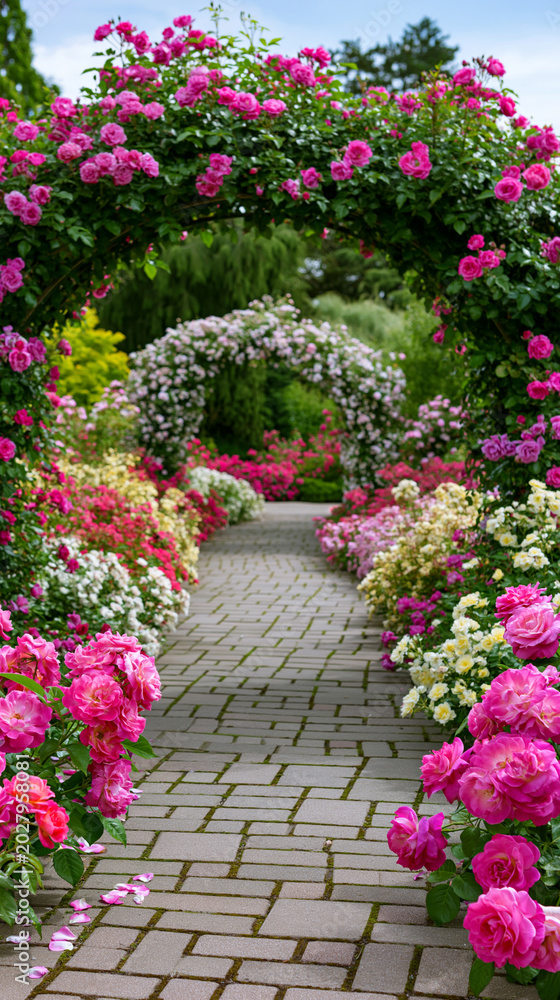 Fototapeta premium Colorful tulip garden walkway beneath blooming floral arches creating enchanting spring landscape scenery.