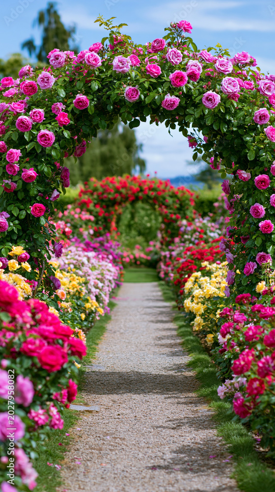 Fototapeta premium Colorful tulip garden walkway beneath blooming floral arches creating enchanting spring landscape scenery.