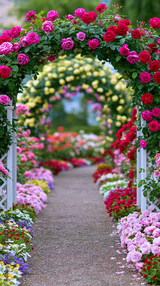 Fototapeta premium Colorful tulip garden walkway beneath blooming floral arches creating enchanting spring landscape scenery.