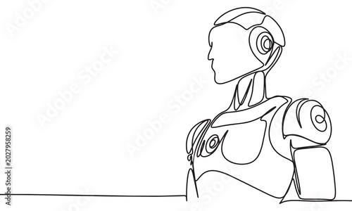 Futuristic Robot Bust one line style isolated on white background.