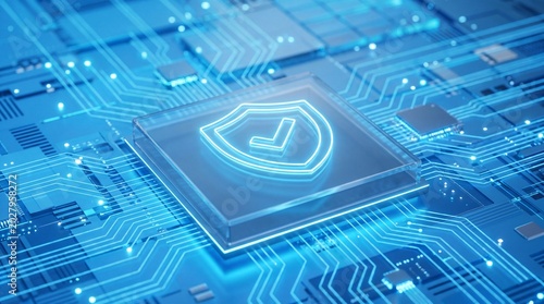 Closeup of a circuit board with a glowing blue shield and checkmark symbol