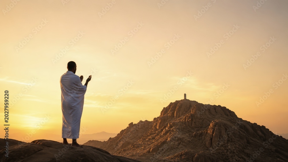 Fototapeta premium Muslim Pilgrim Praying at Mount Arafat During Hajj Sunset Pilgrimage