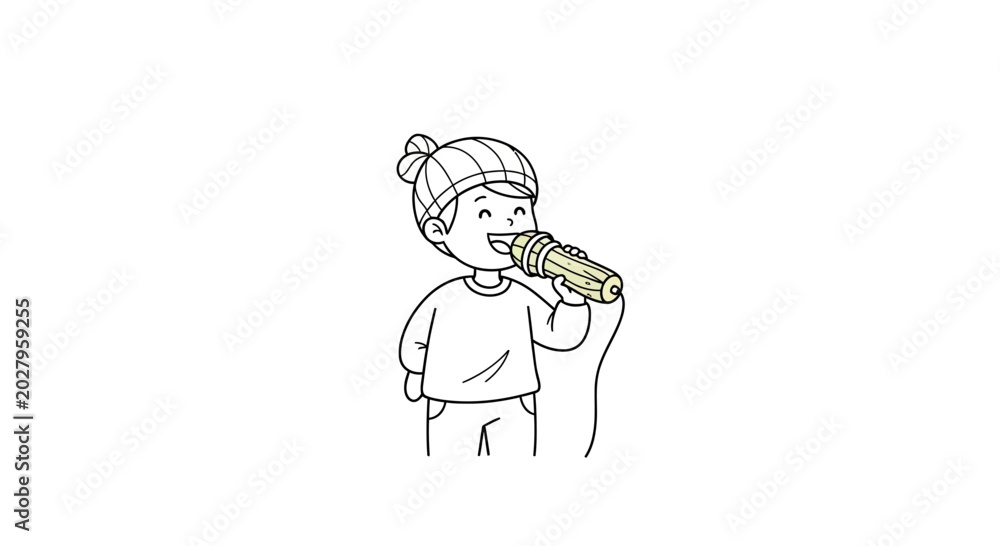 Fototapeta premium Child singing into microphone, happy, isolated on white background, cartoon style