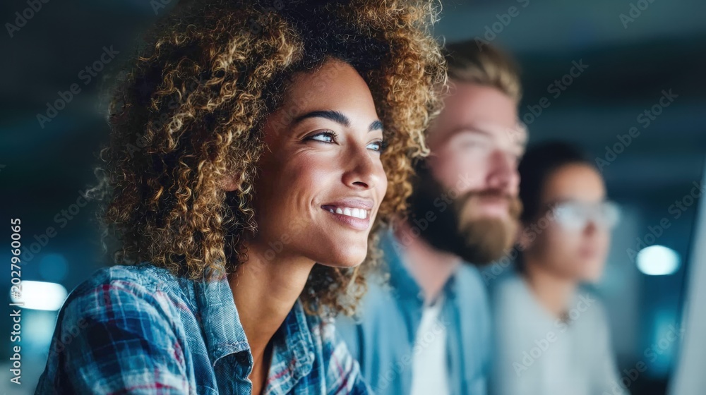 Obraz premium Smiling woman with colleagues in a modern office environment.