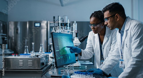 Two diverse scientists working in a lab, analyzing data on a computer screen. Medical research and development concept.