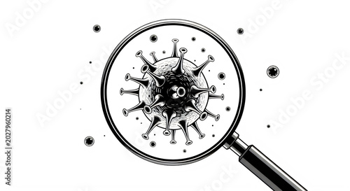 Magnifying glass examining virus particles under microscope in scientific illustration