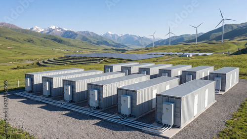 Industrial battery energy storage system with rows of container units beside solar panels wind turbines in green mountain valley showcasing sustainable renewable power grid infrastructure technology