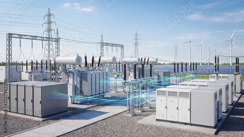 Modern electrical substation with high voltage transformers power lines pylons and battery storage units beside wind turbines and solar panels showcasing renewable energy grid infrastructure technolog