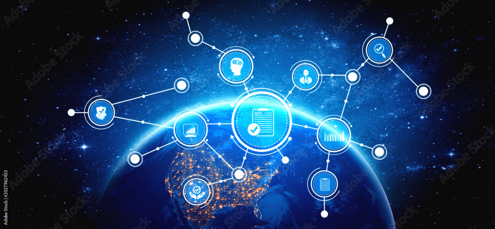 Fototapeta premium This image depicts an abstract visualization of global data connectivity with luminous elements, showcasing technological networks and information exchange over Earth. Tessel