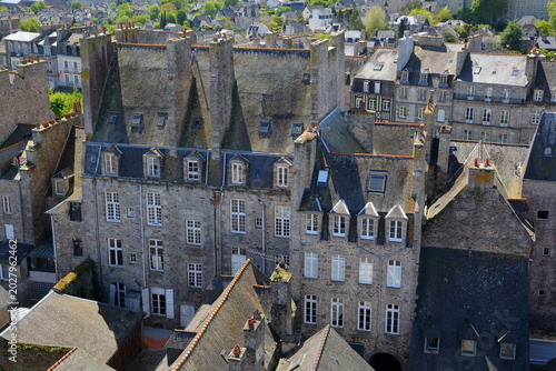 Aerial view on Dinan, Brittany, Cotes d'Armor, France, with historical medieval houses and roofs