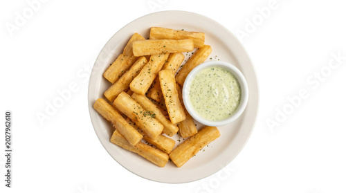 Delicious fried cassava served with dipping sauce.