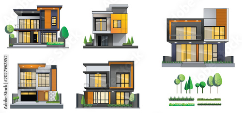 Handmade Modern Minimalist House Illustration Set with Realistic Residential Architecture. Handmade modern minimalist house illustration set created manually without AI generation. Featuring  