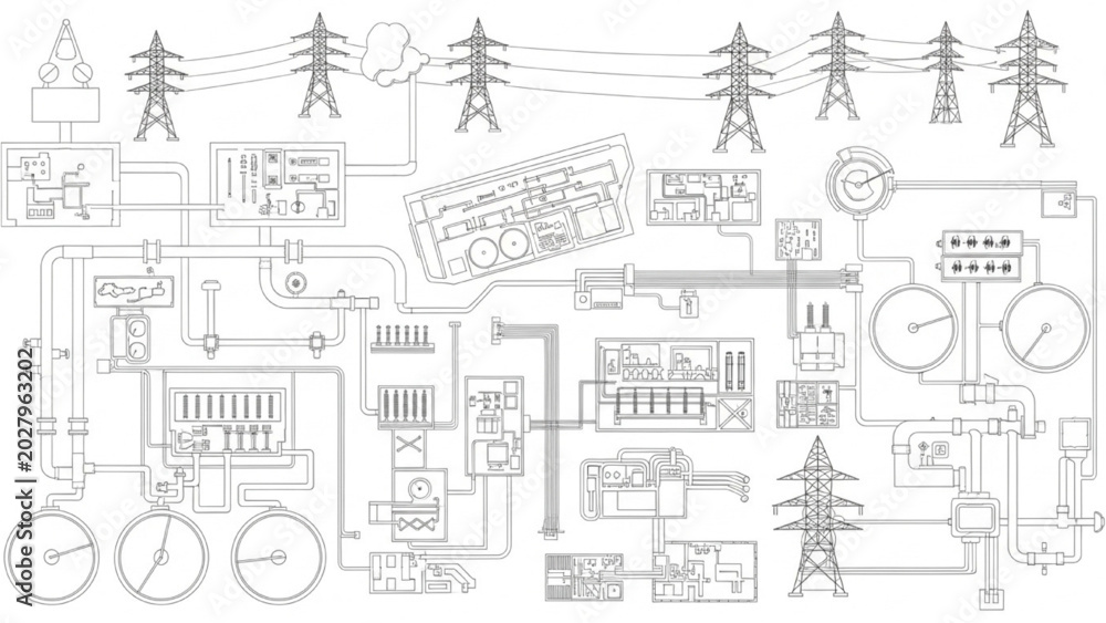 Fototapeta premium Top-Down City Utility Management Network CAD Blueprint with Infrastructure Systems, Engineering Control Layout and Outline Silhouette Vector Set Isolated on White Background