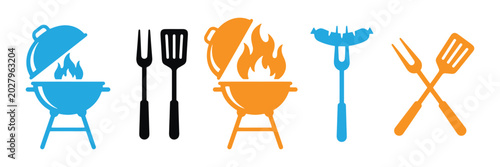 Barbecue icons set with grill utensils and meat flat vector illustration