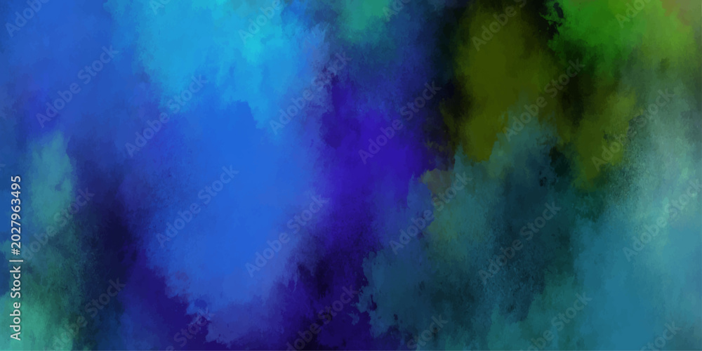 Obraz premium Vibrant abstract watercolor paint splashes and clouds in deep blues purples and greens with yellow accents