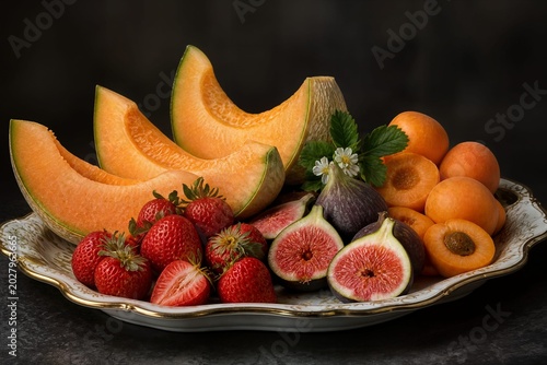 Estate, dieta salutare con frutta e vitamine: elegante piatto con melone, ciliegie, albicocche, pesche, fichi, fragole