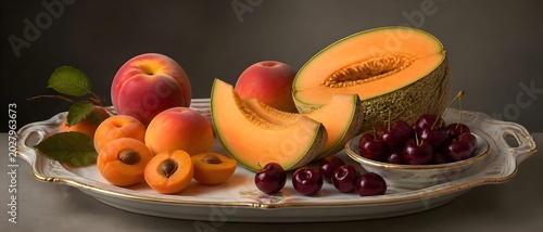 Estate, dieta salutare con frutta e vitamine: elegante piatto con melone, ciliegie, albicocche, pesche, fichi, fragole